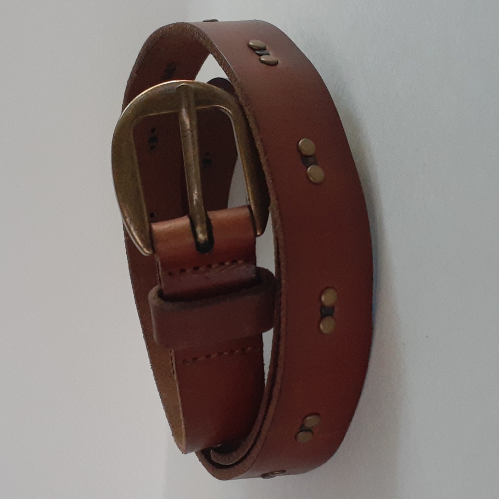 Genuine Buff Leather Women Brass Buckle Brown Embelished Belt Adjustable New